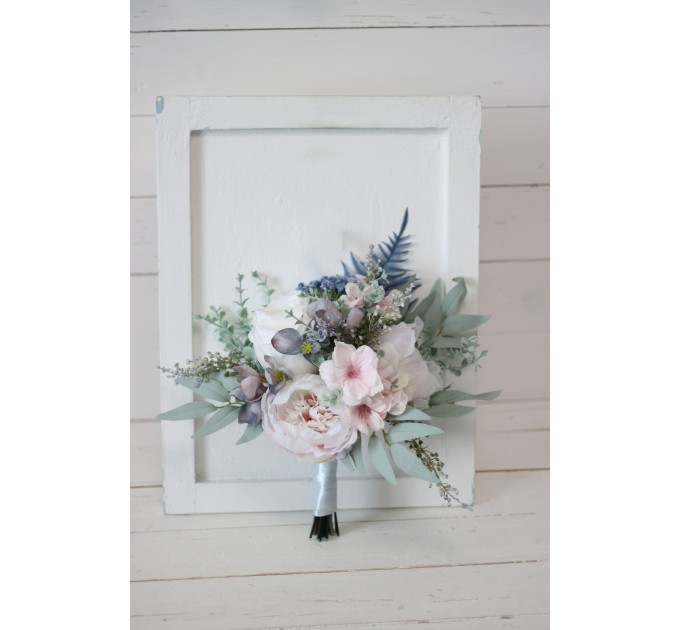 Wedding bouquets in dusty blue pink white colors. Bridal bouquet. Cascading bouquet. Faux bouquet. Bridesmaid bouquet. 5032