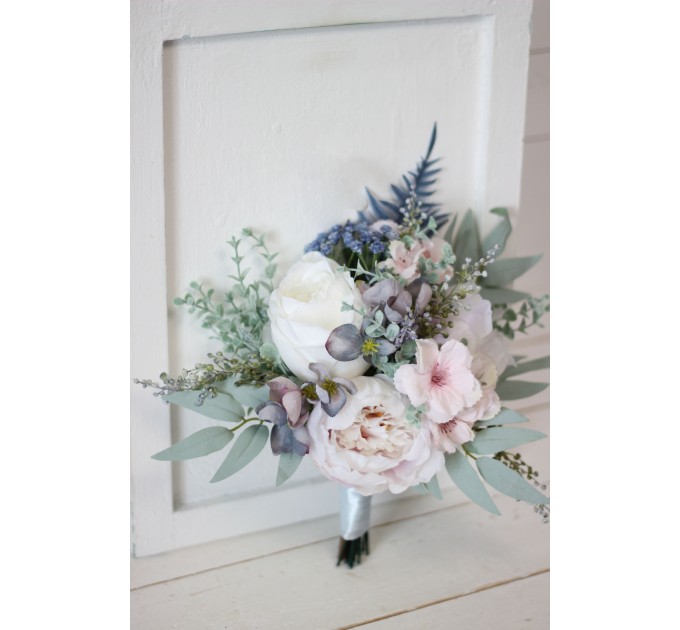 Wedding bouquets in dusty blue pink white colors. Bridal bouquet. Cascading bouquet. Faux bouquet. Bridesmaid bouquet. 5032
