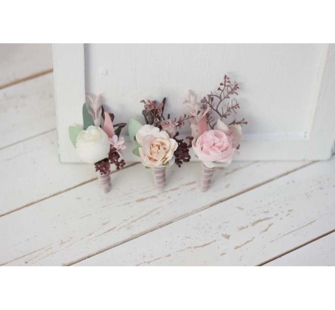  Wedding boutonnieres and wrist corsage  in blush pink beige color scheme. Flower accessories. 5034