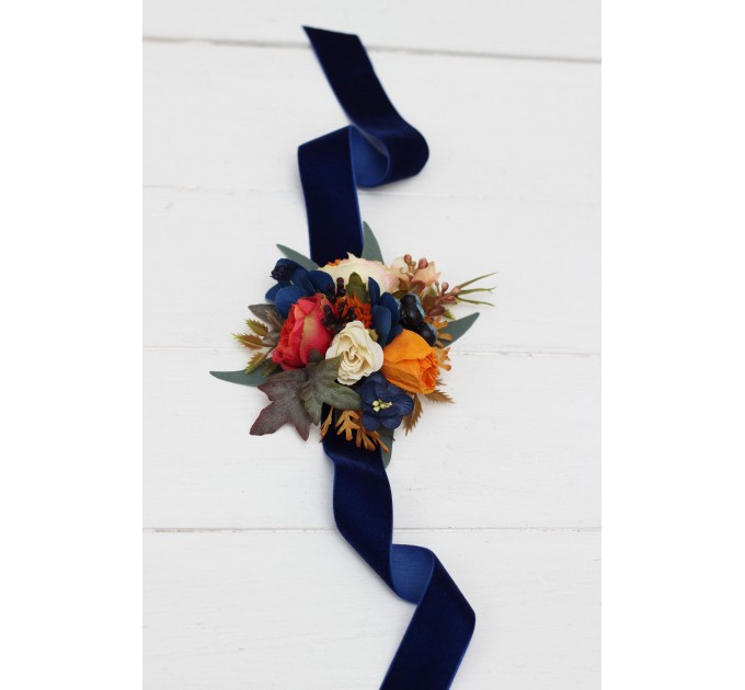  Wedding boutonnieres and wrist corsage  in navy blue ivory burnt orange color scheme. Flower accessories. 5029
