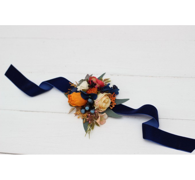  Wedding boutonnieres and wrist corsage  in navy blue ivory burnt orange color scheme. Flower accessories. 5029