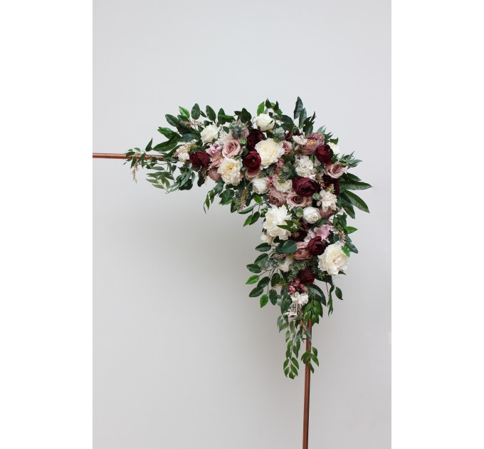 Flower arch arrangement in burgundy dusty rose cream colors. Arbor flowers. Floral archway. Faux flowers for wedding arch. 5037