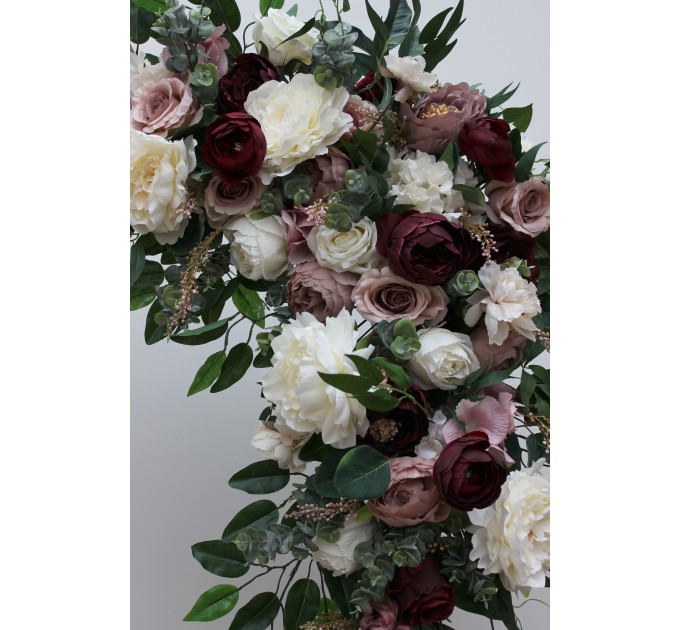 Flower arch arrangement in burgundy dusty rose cream colors. Arbor flowers. Floral archway. Faux flowers for wedding arch. 5037