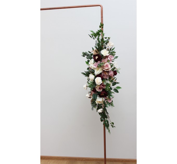 Flower arch arrangement in burgundy dusty rose cream colors. Arbor flowers. Floral archway. Faux flowers for wedding arch. 5037