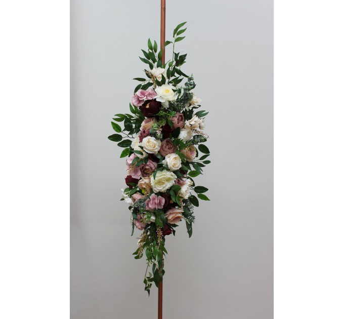 Flower arch arrangement in burgundy dusty rose cream colors. Arbor flowers. Floral archway. Faux flowers for wedding arch. 5037