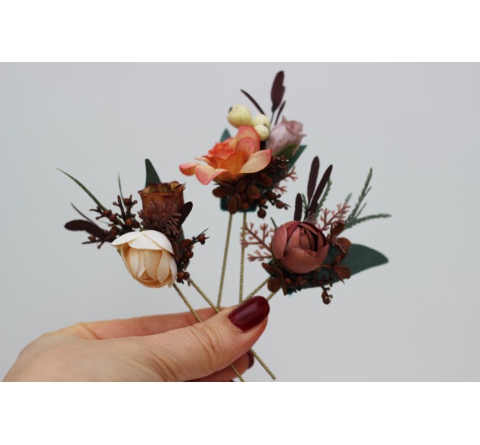 Set of 3 hair pins in terracotta rust peach color scheme. Hair accessories. Flower accessories for wedding. 5040