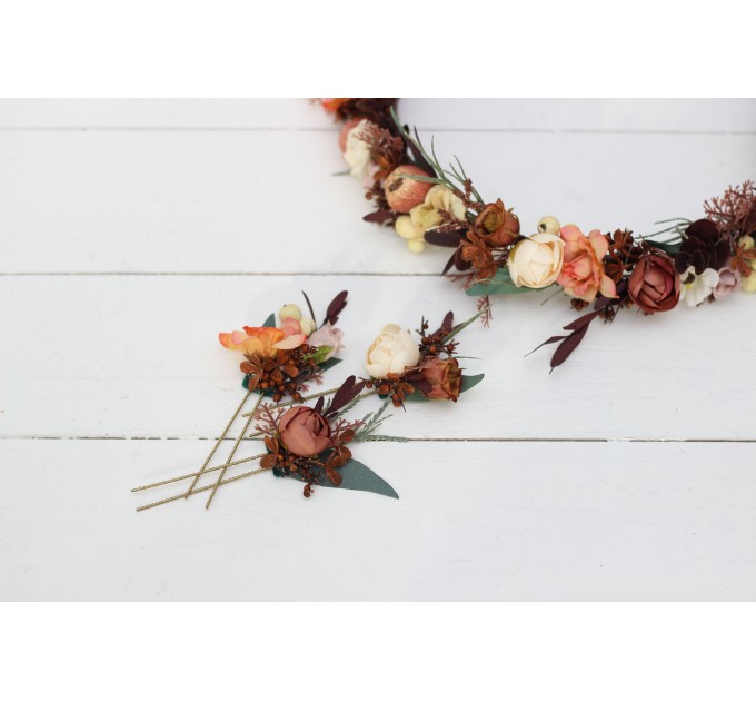 Set of 3 hair pins in terracotta rust peach color scheme. Hair accessories. Flower accessories for wedding. 5040