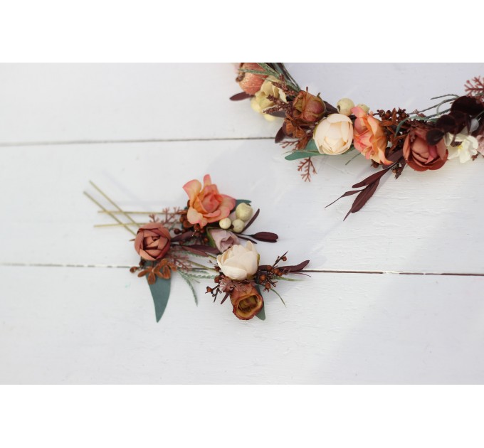 Set of 3 hair pins in terracotta rust peach color scheme. Hair accessories. Flower accessories for wedding. 5040