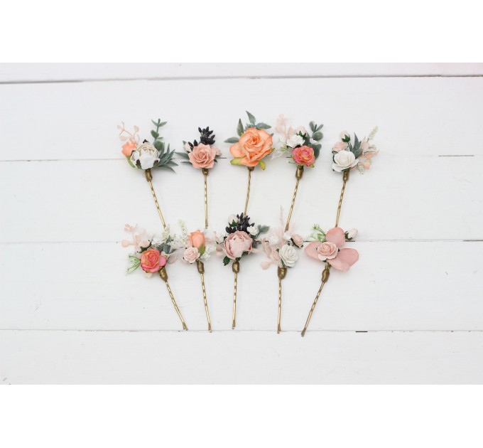 Set of hair pins in blush pink white peach color scheme. Hair accessories. Flower accessories for wedding. 5035