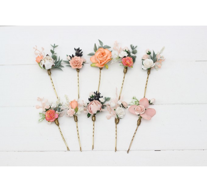 Set of hair pins in blush pink white peach color scheme. Hair accessories. Flower accessories for wedding. 5035