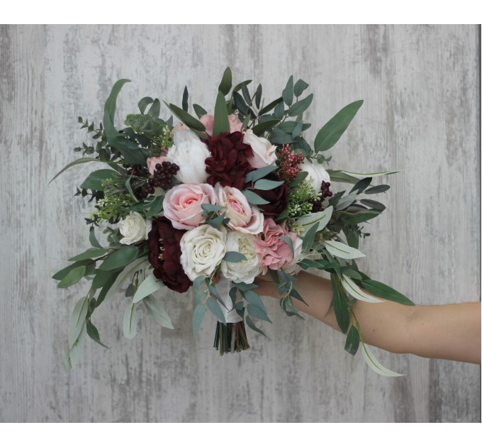 Wedding bouquets in burgundy blush pink ivory white colors. Bridal bouquet. Faux bouquet. Bridesmaid bouquet. 5036