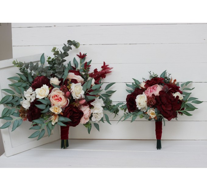 Wedding bouquets in burgundy blush pink ivory white colors. Bridal bouquet. Faux bouquet. Bridesmaid bouquet. 5036-1