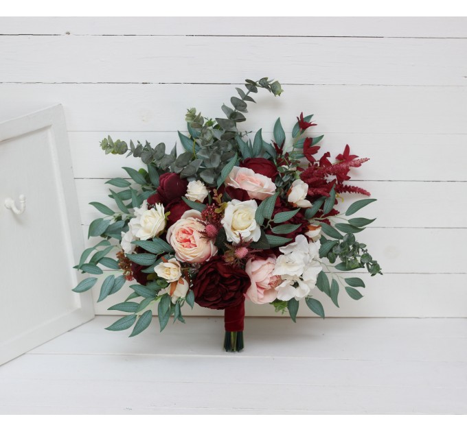 Wedding bouquets in burgundy blush pink ivory white colors. Bridal bouquet. Faux bouquet. Bridesmaid bouquet. 5036-1