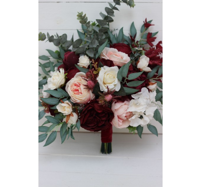 Wedding bouquets in burgundy blush pink ivory white colors. Bridal bouquet. Faux bouquet. Bridesmaid bouquet. 5036-1