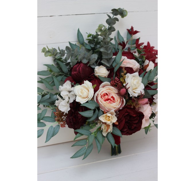 Wedding bouquets in burgundy blush pink ivory white colors. Bridal bouquet. Faux bouquet. Bridesmaid bouquet. 5036-1