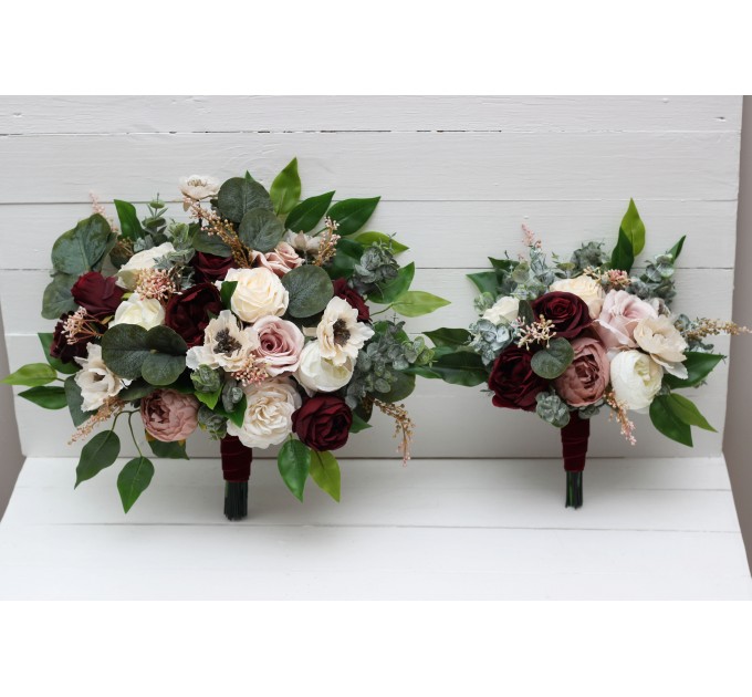 Wedding bouquets in burgundy dusty rose cream colors. Bridal bouquet. Faux bouquet. Bridesmaid bouquet. 5037
