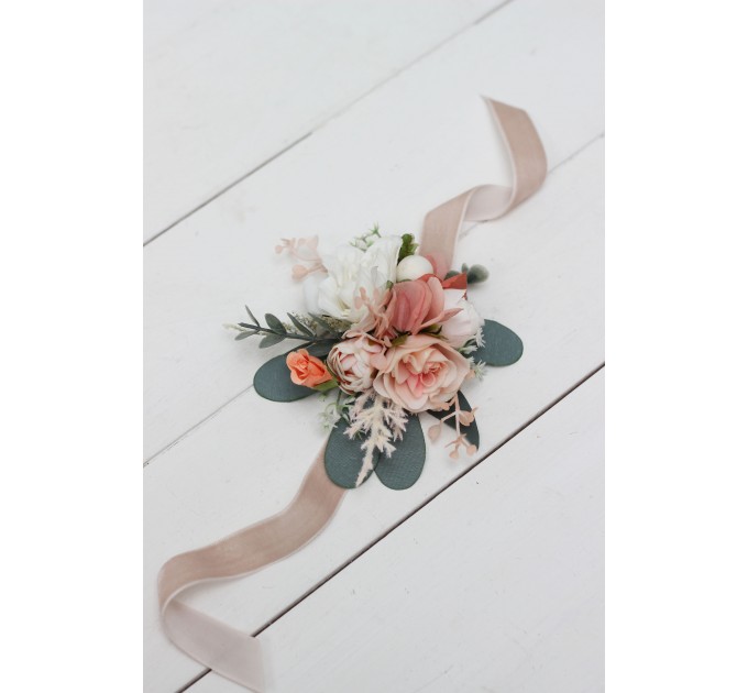  Wedding boutonnieres and wrist corsage  in blush pink white peach color scheme. Flower accessories. 5035