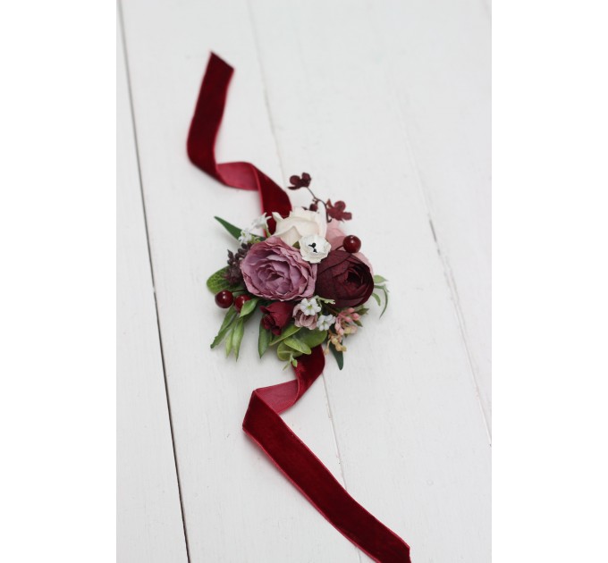  Wedding boutonnieres and wrist corsage  in burgundy dusty rose cream color scheme. Flower accessories. 5037