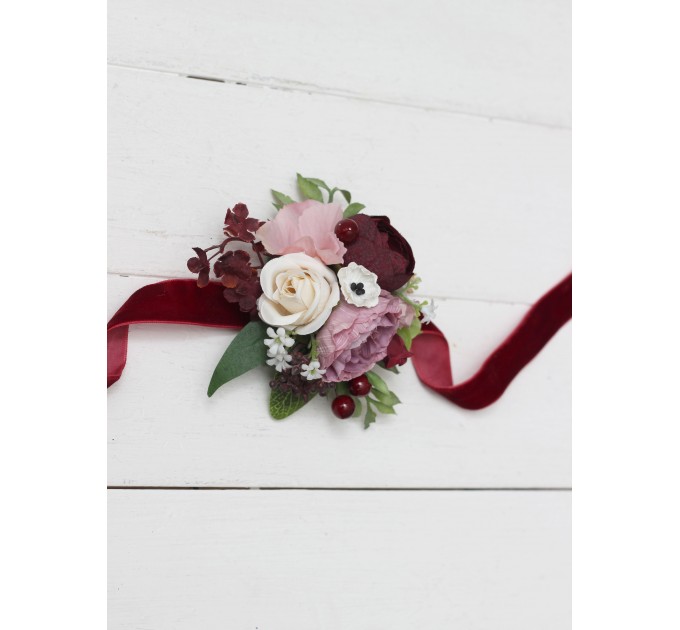 Wedding boutonnieres and wrist corsage  in burgundy dusty rose cream color scheme. Flower accessories. 5037