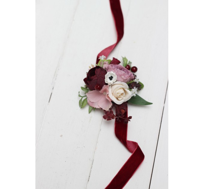 Wedding boutonnieres and wrist corsage  in burgundy dusty rose cream color scheme. Flower accessories. 5037
