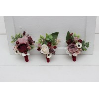  Wedding boutonnieres and wrist corsage  in burgundy dusty rose cream color scheme. Flower accessories. 5037