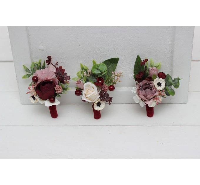  Wedding boutonnieres and wrist corsage  in burgundy dusty rose cream color scheme. Flower accessories. 5037