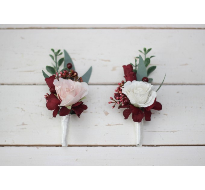  Wedding boutonnieres and wrist corsage  in burgundy pink white ivory color scheme. Flower accessories.5036