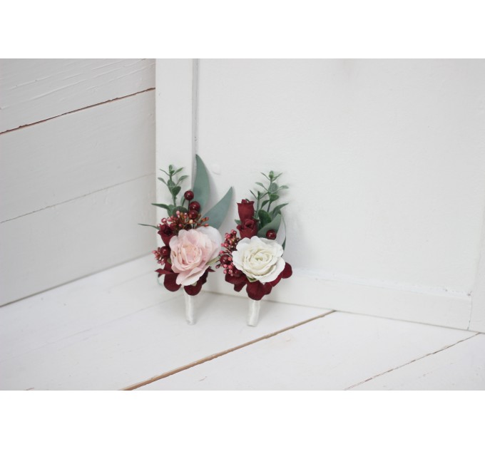  Wedding boutonnieres and wrist corsage  in burgundy pink white ivory color scheme. Flower accessories.5036
