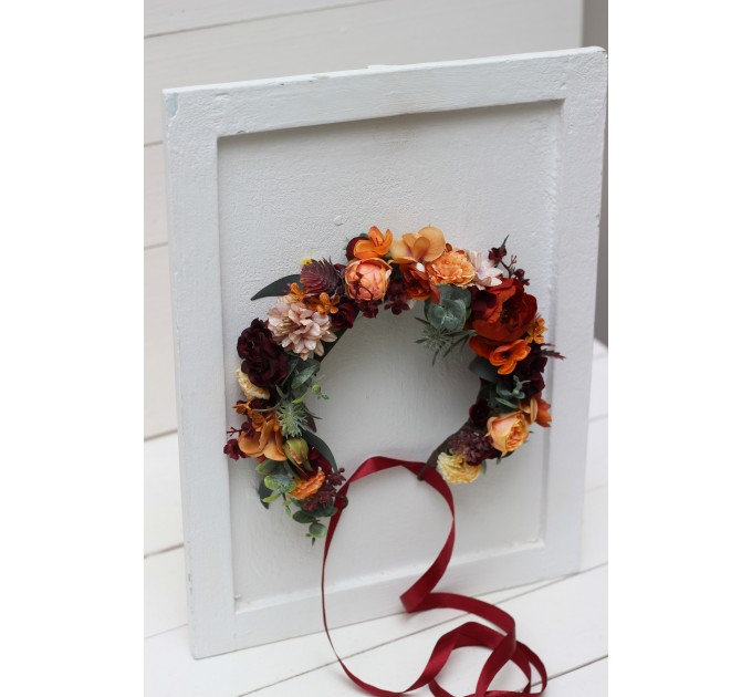 Boho flowers.Rust orange burgundy flower crown. Wedding headpiece Burgundy wedding. Bridal hairpiece. Bridesmaid crown.Flower girl crown. 0035