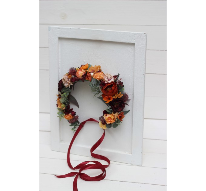 Boho flowers.Rust orange burgundy flower crown. Wedding headpiece Burgundy wedding. Bridal hairpiece. Bridesmaid crown.Flower girl crown. 0035