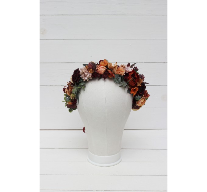  Boho flowers .Rust orange burgundy flower crown. Wedding headpiece Burgundy wedding. Bridal hairpiece. Bridesmaid crown.Flower girl crown. 0035