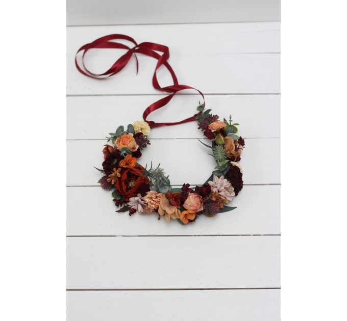 Boho flowers.Rust orange burgundy flower crown. Wedding headpiece Burgundy wedding. Bridal hairpiece. Bridesmaid crown.Flower girl crown. 0035
