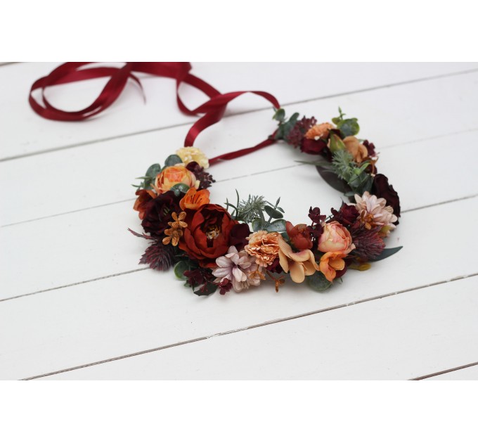  Boho flowers .Rust orange burgundy flower crown. Wedding headpiece Burgundy wedding. Bridal hairpiece. Bridesmaid crown.Flower girl crown. 0035