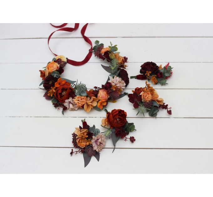  Boho flowers .Rust orange burgundy flower crown. Wedding headpiece Burgundy wedding. Bridal hairpiece. Bridesmaid crown.Flower girl crown. 0035
