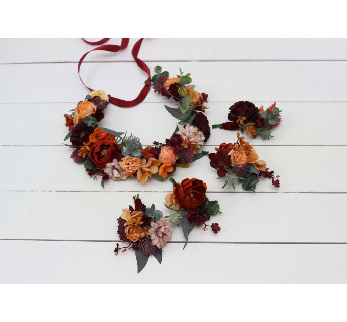 Boho flowers.Rust orange burgundy flower crown. Wedding headpiece Burgundy wedding. Bridal hairpiece. Bridesmaid crown.Flower girl crown. 0035