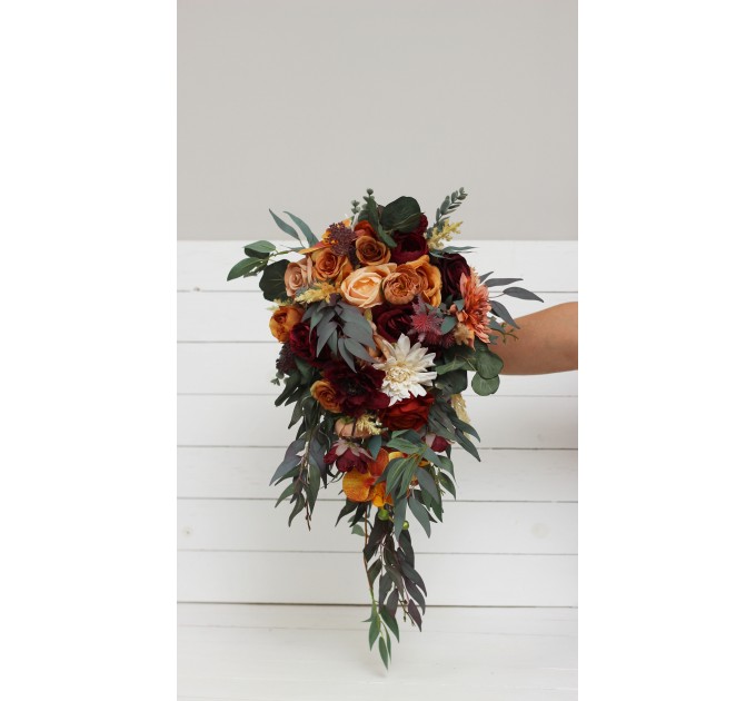 Cascading Fall Wedding Bouquet with Orchids & Dahlias | Faux Bridal & Bridesmaid Bouquets