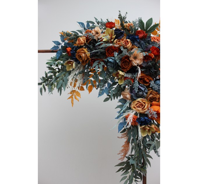 Flower Arch Arrangement in Dark Teal, Rust & Ivory | Faux Navy Blue & Orange Wedding Arch Flowers