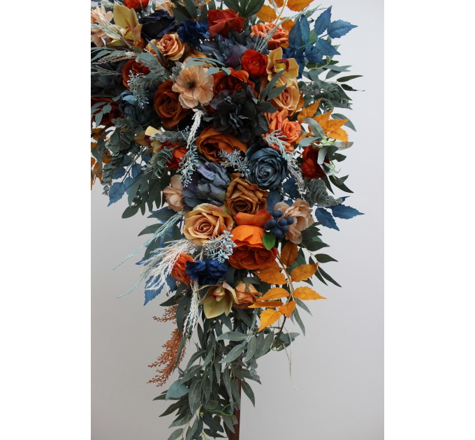 Flower Arch Arrangement in Dark Teal, Rust & Ivory | Faux Navy Blue & Orange Wedding Arch Flowers