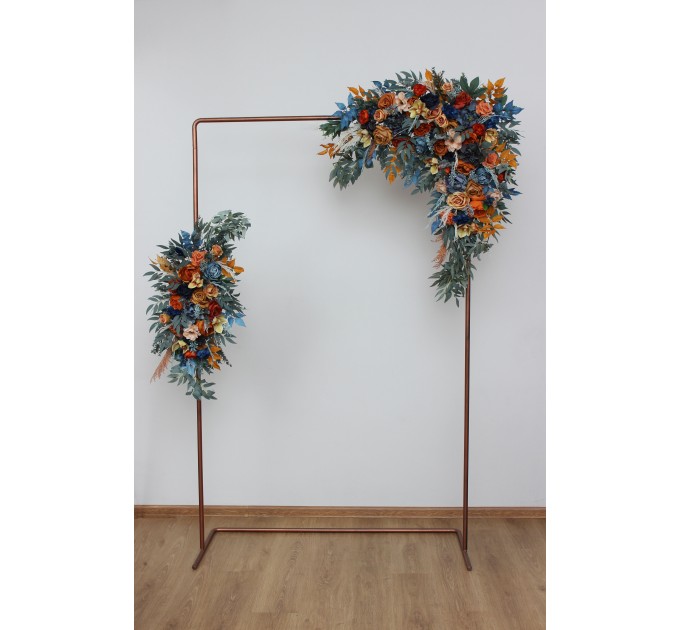 Flower Arch Arrangement in Dark Teal, Rust & Ivory | Faux Navy Blue & Orange Wedding Arch Flowers