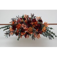 Flower arch arrangement in rust burgundy cinnamon orange colors. Arbor flowers. Floral archway. Faux flowers for wedding. 0033