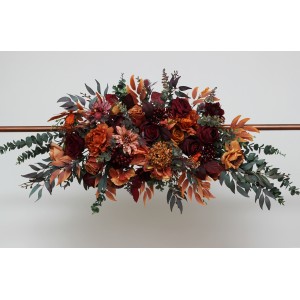 Flower arch arrangement in rust burgundy cinnamon orange colors. Arbor flowers. Floral archway. Faux flowers for wedding. 0033