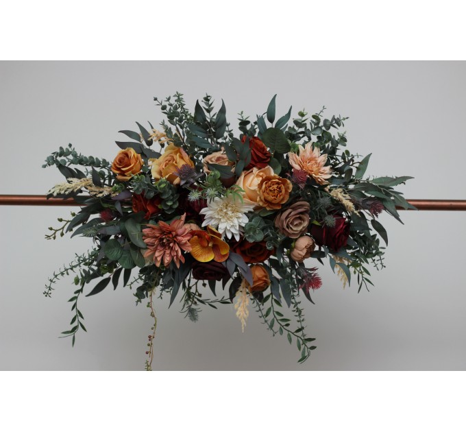 Flower arch  arrangement in rust burgundy orange colors. Arbor flowers. Floral archway. Faux flowers for wedding. 0035