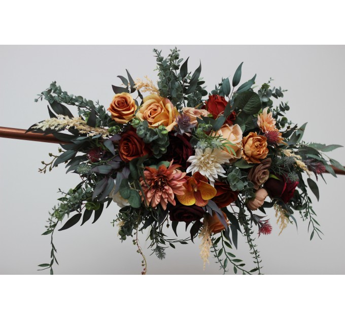 Flower arch  arrangement in rust burgundy orange colors. Arbor flowers. Floral archway. Faux flowers for wedding. 0035