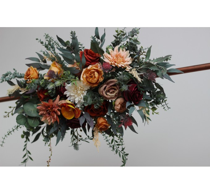 Flower arch  arrangement in rust burgundy orange colors. Arbor flowers. Floral archway. Faux flowers for wedding. 0035