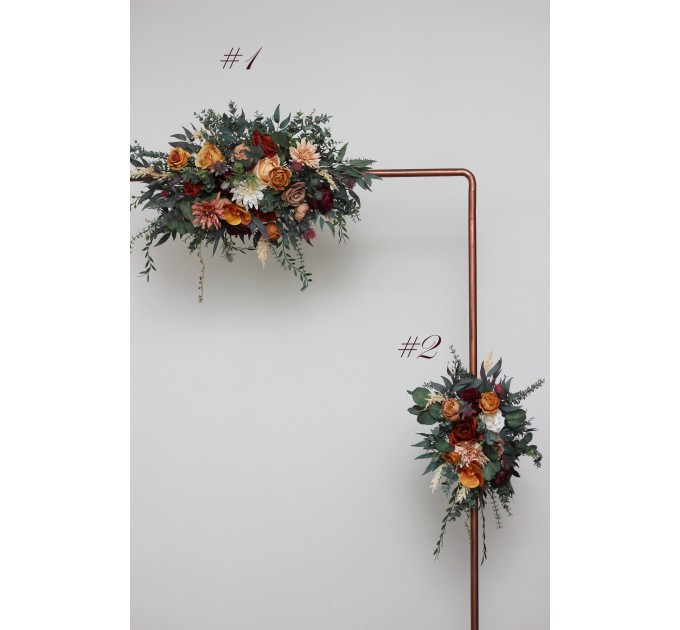 Flower arch  arrangement in rust burgundy orange colors. Arbor flowers. Floral archway. Faux flowers for wedding. 0035
