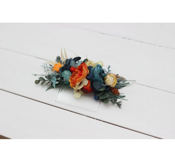 Flower comb in teal rust ivory color scheme. Wedding accessories for hair. Bridal flower comb. Bridesmaid floral comb. 0034