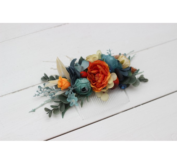 Flower comb in teal rust ivory color scheme. Wedding accessories for hair. Bridal flower comb. Bridesmaid floral comb. 0034