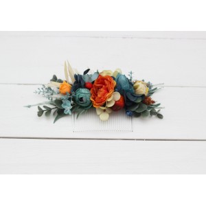 Flower comb in teal rust ivory color scheme. Wedding accessories for hair. Bridal flower comb. Bridesmaid floral comb. 0034