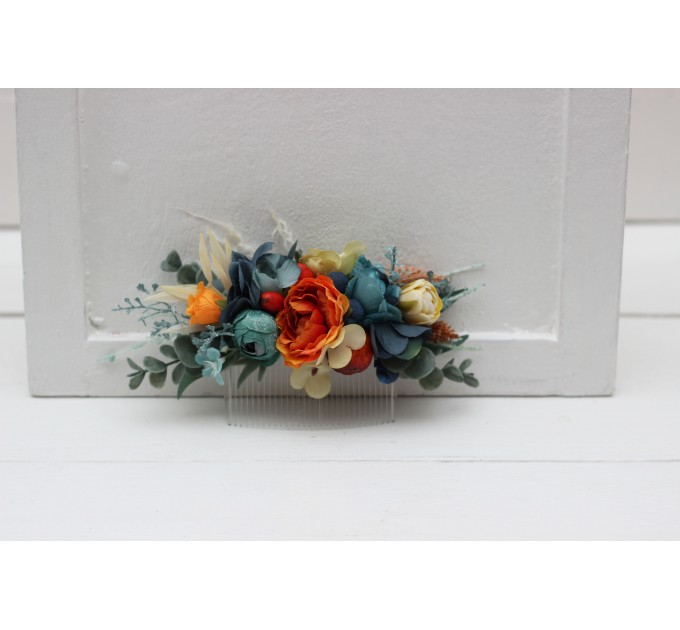 Flower comb in teal rust ivory color scheme. Wedding accessories for hair. Bridal flower comb. Bridesmaid floral comb. 0034