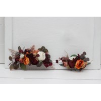 Flower combs in burgundy rust ivory cinnamon color scheme. Wedding accessories for hair. Bridal flower comb. Bridesmaid floral comb 0039